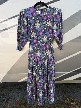 Vintage 80s Byer Too purple black whimsigoth preppy floral drop waist dress 4